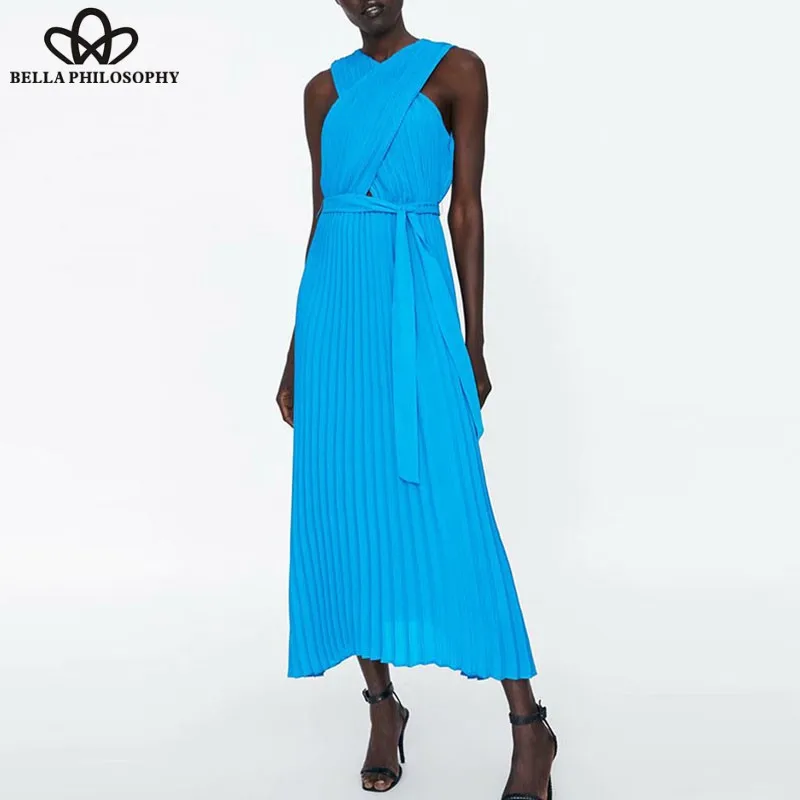 

2019 new Summer Sexy Cross Long Maxi Dress Vintage Sashes Female Party Dress Casual Holiday Lady Chiffon Pleated Dress Wonder