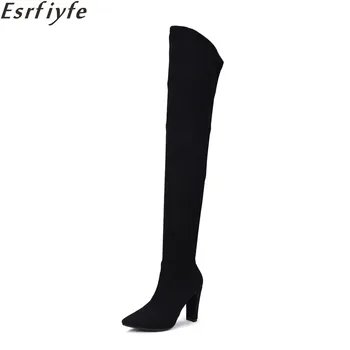 

ESRFIYFE New Winter Women Stretch Flock Thigh High Boots Sexy Fashion Over The Knee Boots High Heels Pointed Toe zip Shoes Woman