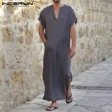 INCERUN 5XL, летние мужские рубашки, халат, платье с коротким рукавом, хлопок, v-образный вырез, полная длина, исламский арабский кафтан, Мужской пляжный отдых