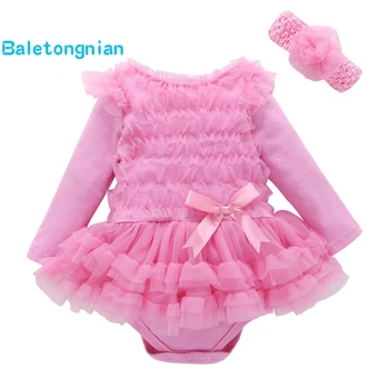 

2pcs/set Newborn Infant Baby Girl Romper Tutu Dress flowers headband long sleeve cotton romper for baby clothing set lace