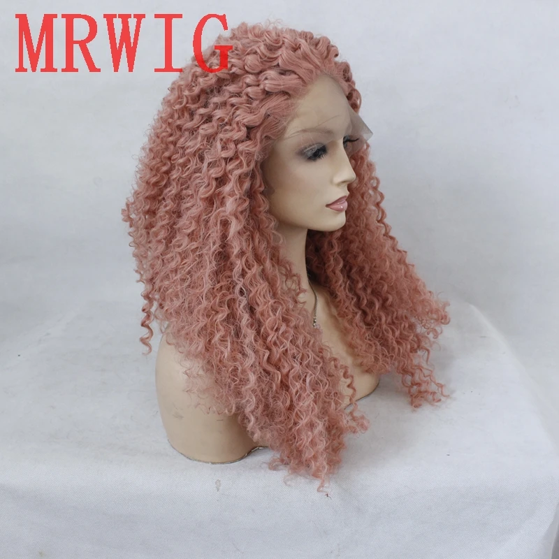MRWIG Real Hair Looking Dark Pink Long Afro Kinky Curly Synthetic Lace Front Middle Part Afro Natural Wigs for Women