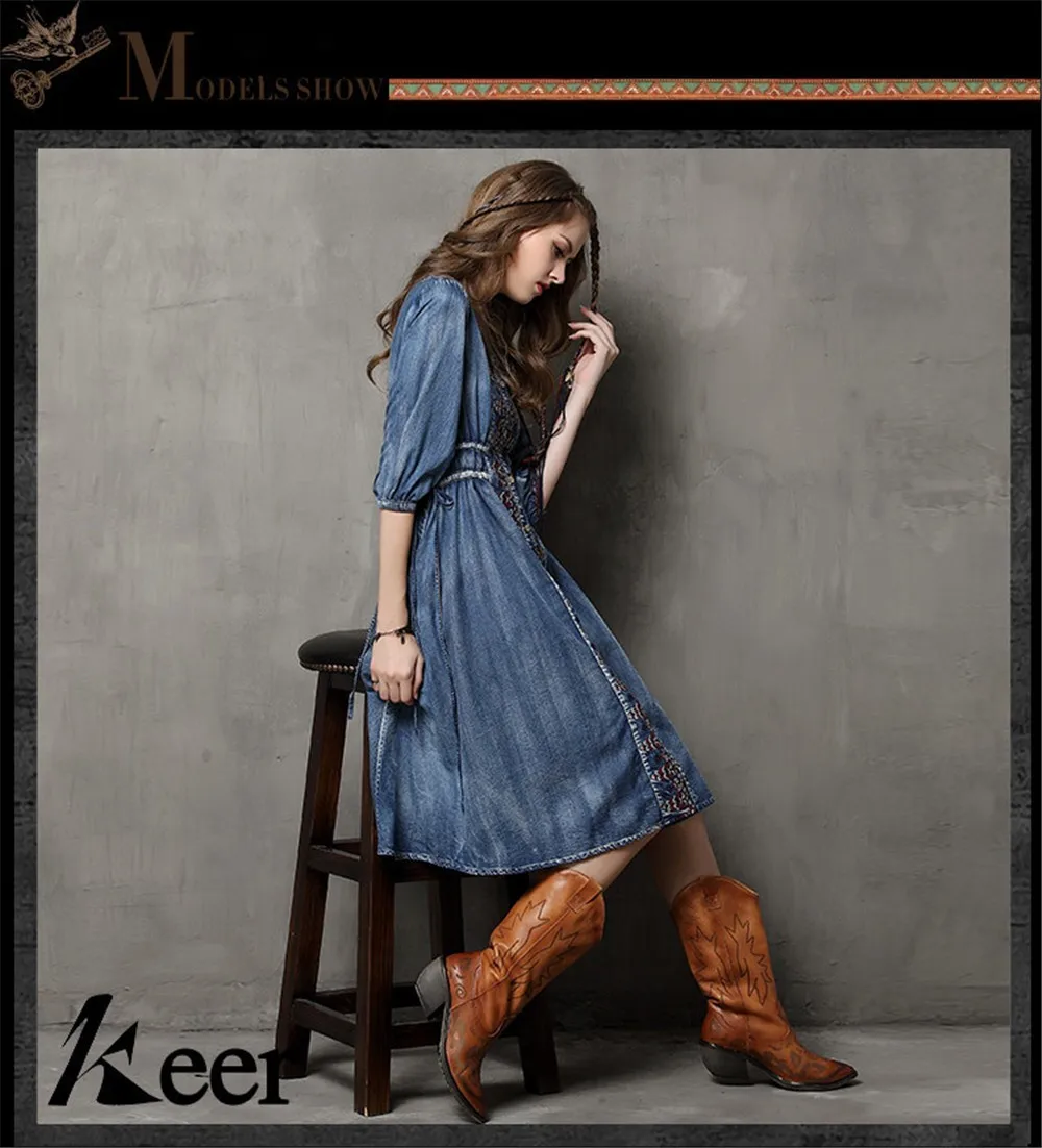 Summer-Fall Cow Vestidos Vintage V-Neck Cotton Dress Half Sleeve A-Line All Match Drawstring Loose Women Embroidery Dresses (10)