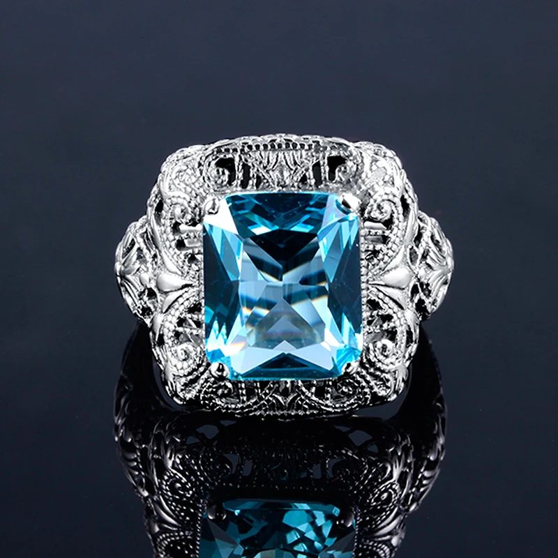 Szjinao Luxury Brand Aquamarine Samurai Ring Bohemian Rock Square Concave Solid 925 Sterling Silver Antique Engagement Jewelry