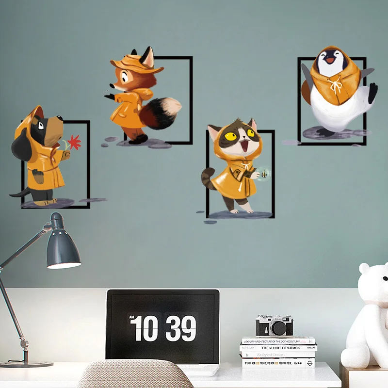 Cartoon animals It's raining Wall sticker Dogs Cats Fox Penguins Art decals kids rooms Bedroom living room stickers home decor