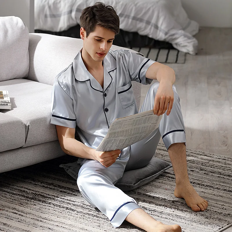 Ice Silk Man's Pajamas Summer Short-Sleeve Long Pants Two-Piece Sets Silk Satin Thin Style Sleepwear Male Light Blue X90011 Ice Silk Man's Pajamas Summer Short-Sleeve Long Pants Two-Piece Sets Silk Satin Thin Style Sleepwear Male Light Blue X90011