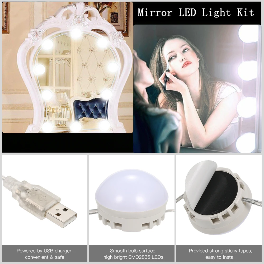 10\12Pcs Vanity Makeup Mirror LED Light Bulbs Lamp Kit 5 Levels Brightness Adjustable Lighted Make up Mirrors Cosmetic lights