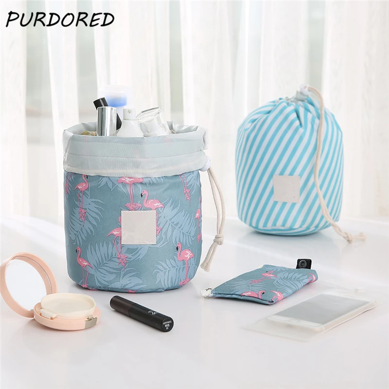 PURDORED 1 pc Barrel Cosmetic Bag Waterproof Cylindrical Drawstring
