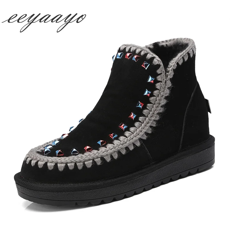 

2018 New Winter Women Ankle Boots Platform Low Heel Warm Wool Lining Real Fur Slip-On Women Shoes Black Crystal Snow Boots