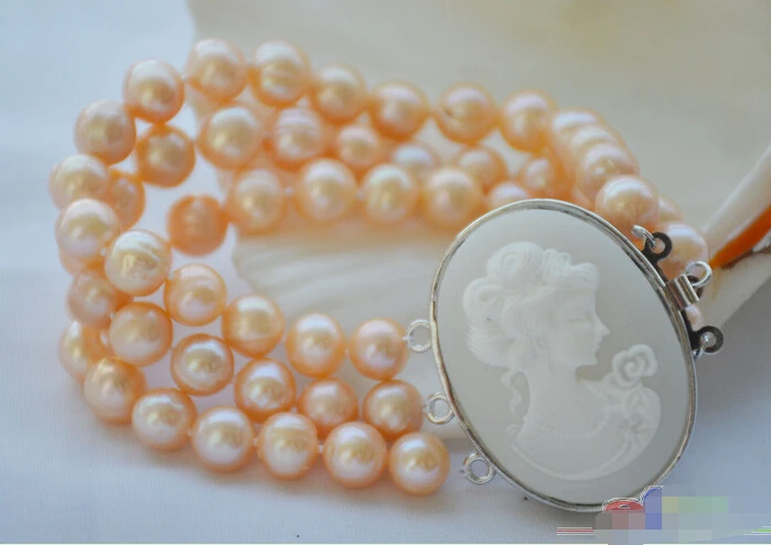 

P4637 3row 8" 10mm pink round freshwater cultured pearl bracelet @^Noble style Natural Fine jewe SHIPPING new >>free shipping