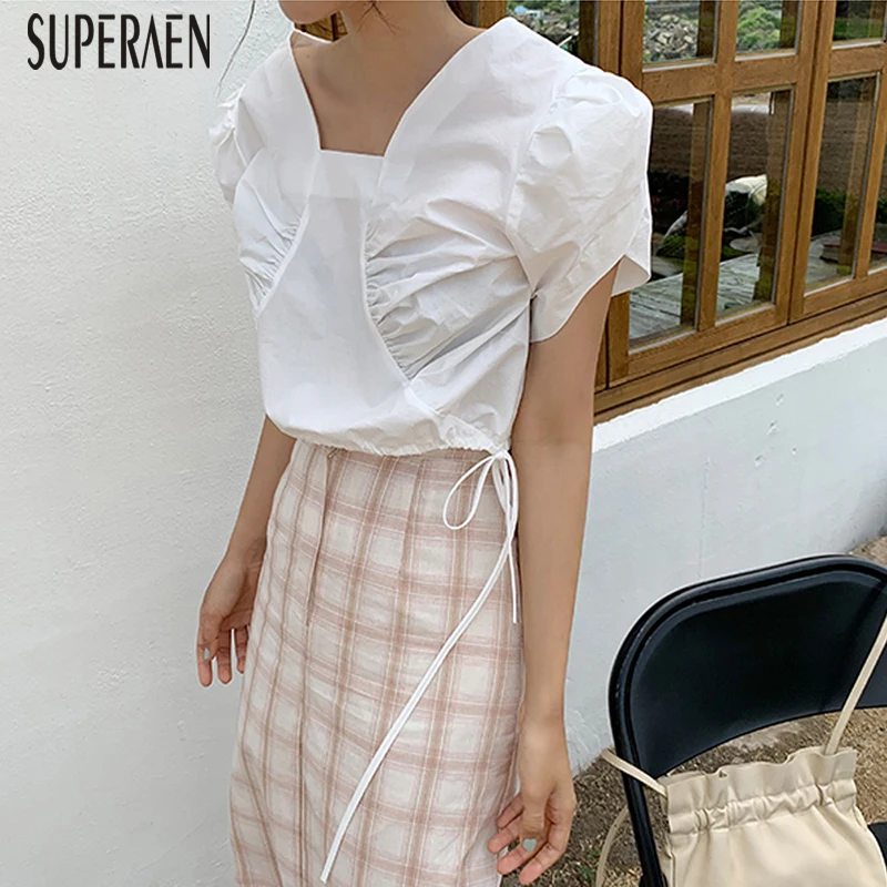 

SuperAen V Neck Women Shirt Summer New 2019 Fashion Blouses and Tops Female Short Sleeve Solid Color Women Clothing