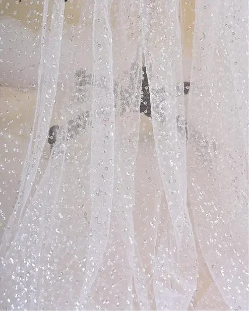 Ivory Mesh Lace Sequined Fabric Gauze ...