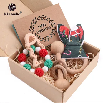 

Let's Make Baby Teether 1 Set Bunny Wood Ring Bracelet Christmas Tree Rattle Food Grade Wooden Teether Nurse Gift Teething Toys