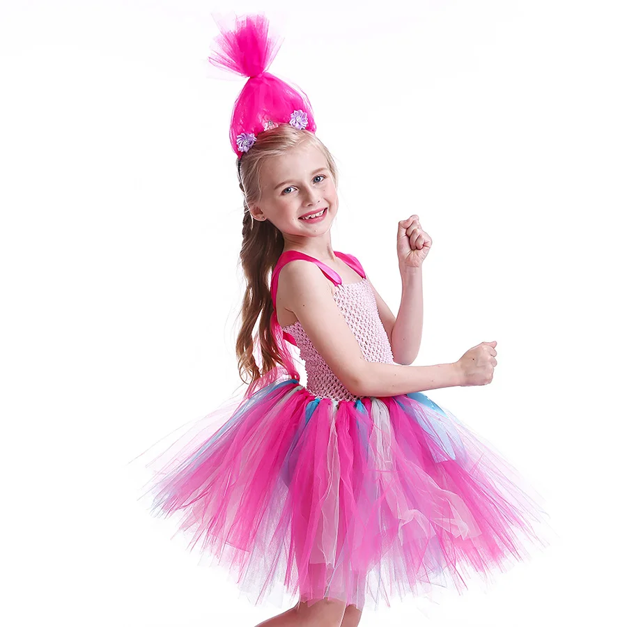 Girls Troll Poppy Tutu Dress Kids Halloween Pink Tulle Costume (6)