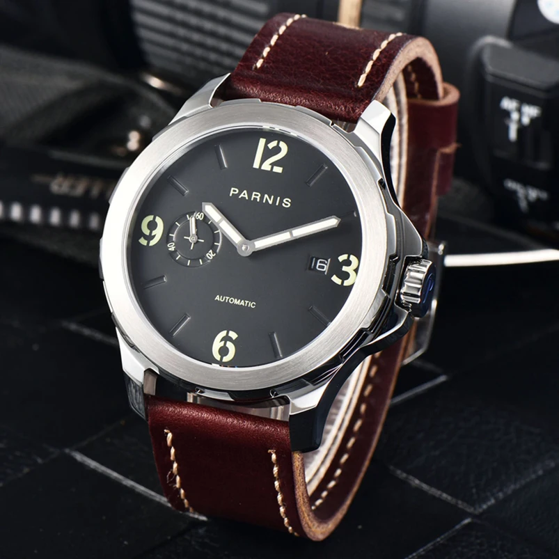 

2017 New Style Mechanical Watch relogio masculino Parnis 44mm Sapphire 5Bar Luminous Leather Automatic Man Watch