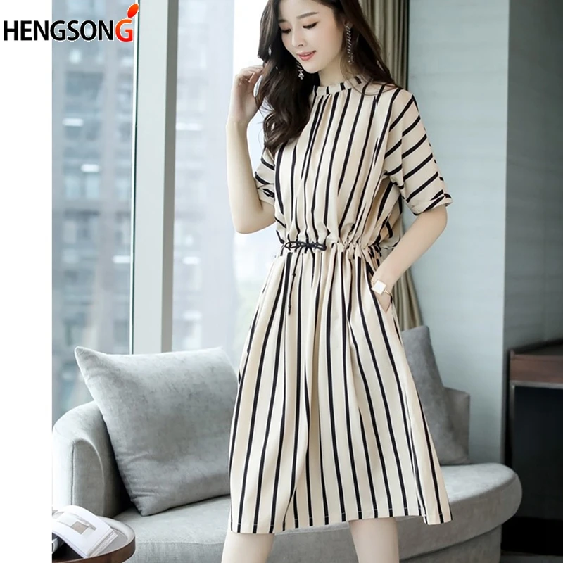 

2018 Summer Female Casual Striped Loose Shirt Dress Elegant Half Sleeve O-Neck Work Office Midi Dress For Women Vestidos