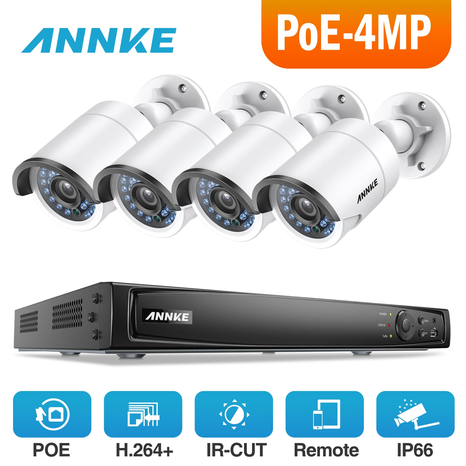 

ANNKE 8CH 4MP POE Video Security System With 4pcs 4mm 4MP Weatherproof Night Vision Cameras P2P Onvif 2.4 WDR 3D DNR NVR Kit