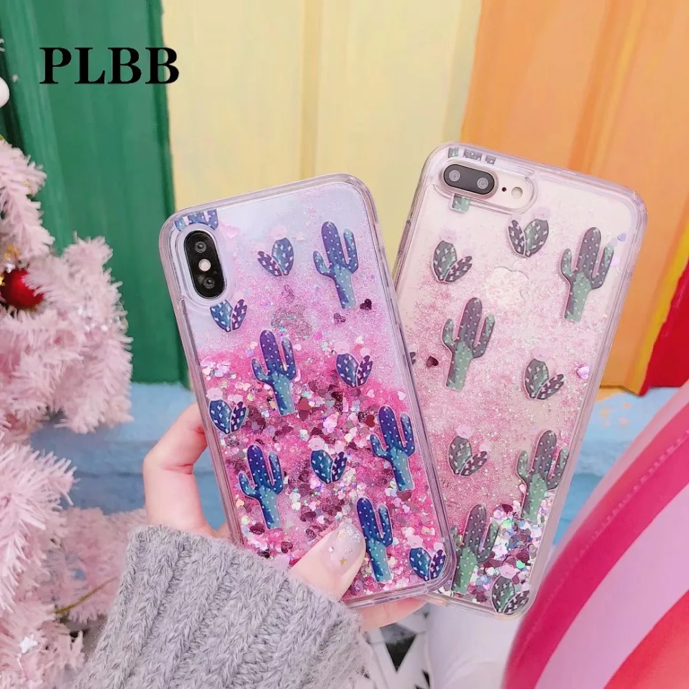 

PLBB Fashion Girls Liquid Quicksand Case for iPhone X 6 6S 7 8 Plus Bling Star Sequin Dynamic Cactus Fruits TPU Phone Cover