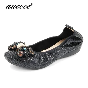 

AUCVEE Fashion 2019 Flats Shoes Women Ballet Princess Shoes For Casual Crystal Boat Shoes Rhinestone Women Flats PLUS Size RX155