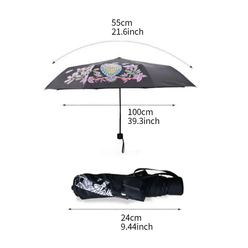 Три складных зонта с рисунком Совы с защитой от ультрафиолетовых лучей, черный женский зонтик, магический меняющий цвет, Карманный Зонт от дождя