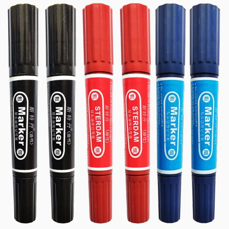Bulk Logistics Courier Black/Blue/Red Colour Double Head Round Oblique Head Permanent Marker Pen Marker For Metal Can Add Ink