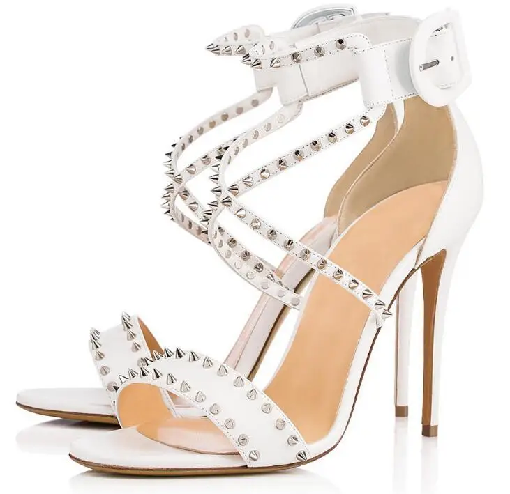 

New Arrivals Rivet High Heel Sandals Women Hot Selling Buckle Straps Thin Heels Shoes White Open Toe Large Size Party Shoes
