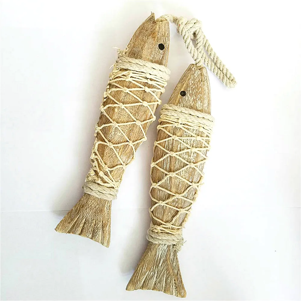 2Pcs Wooden Hanging Fish Mediterranean Style Rustic Coastal Hand Carved Ornaments Wall Sculptures For Home Shop Decor Handicraft