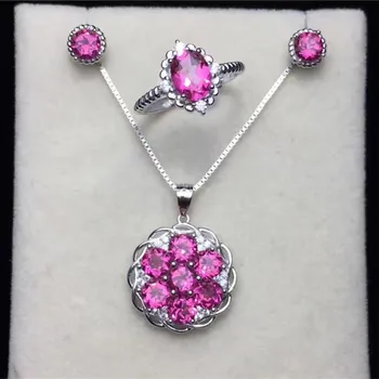 Natural Gemstone Jewelry Sets For Women Fine Jewelry 925 Silver Pink Topaz Ring Necklace Pendants Stud Earrings Bijoux CCS001-3