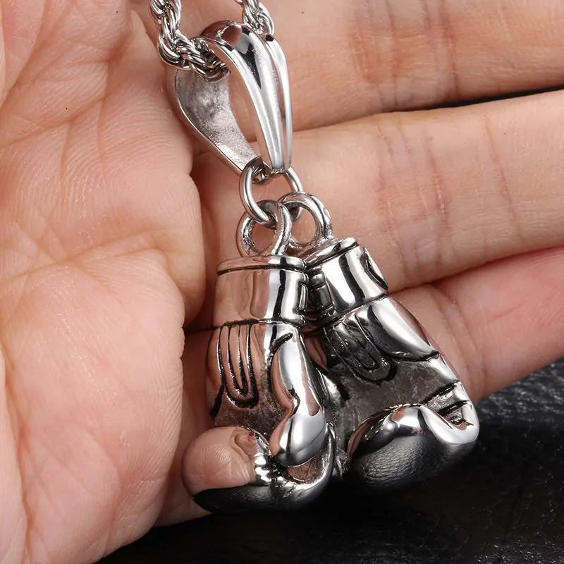 

Men's Jewelry Shinny Silver Stainless Steel Double Boxing Glove Pendant Free Box Necklace Casual Design