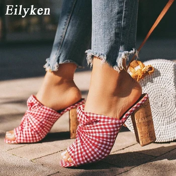 

Eilyken Women High Heel Slippers Sandals Square heel Bowtie Plaid Woman Slippers Classic Elegant Shoes Footwear Size 35-40