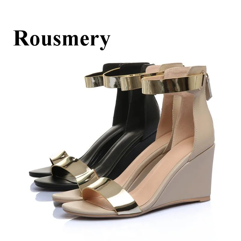 

Summer Wedges Hottest Gold Patent Leather Mixed Color Rear Zipper Cover Heel Open Toe Genuine Leather Fashion Women Sandals