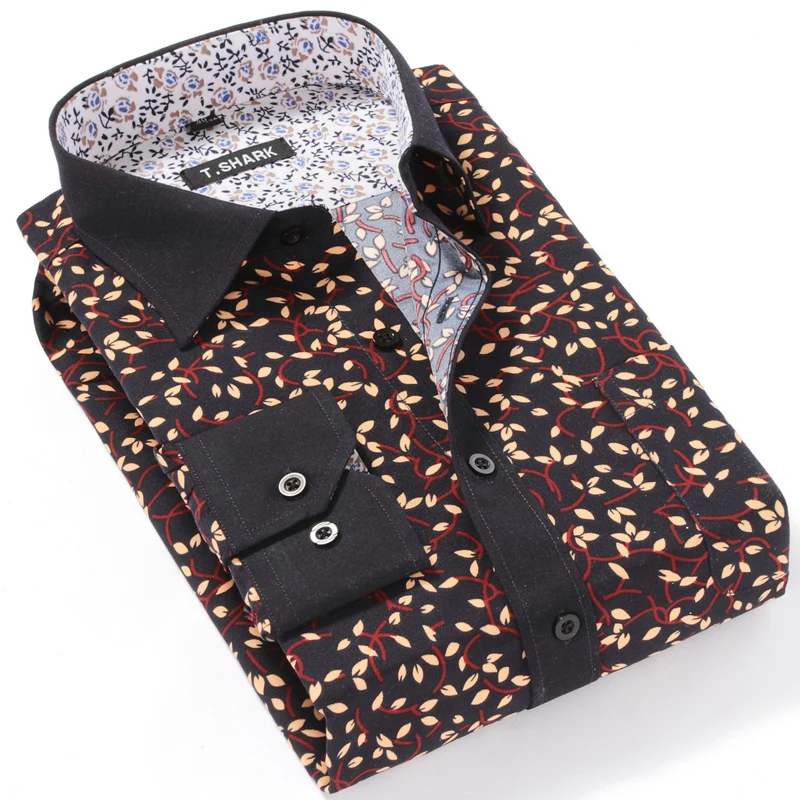 

2017 New Arrival Men's High Quality Clothes Patchwork Casual No-iron Slim Fit Shirts Men Polka Dot Stylish Dress Floral Shirt