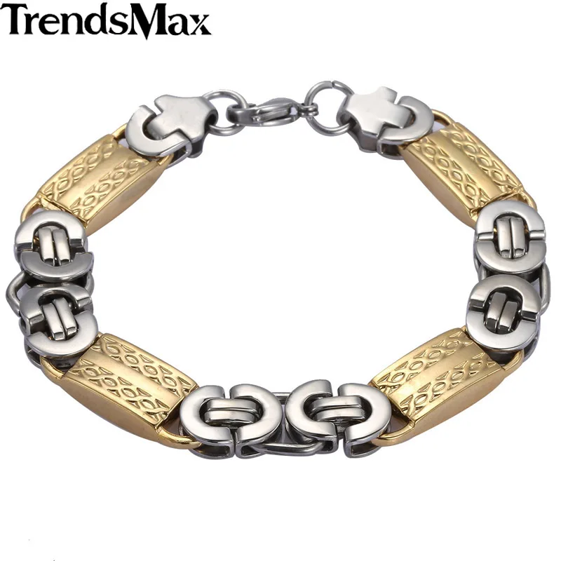 Trendsmax JEWELRY SET 11mm Mens Chain Boys Gold Tone Flat Byzantine Link Stainless Steel Necklace Bracelet Set Gift KS168