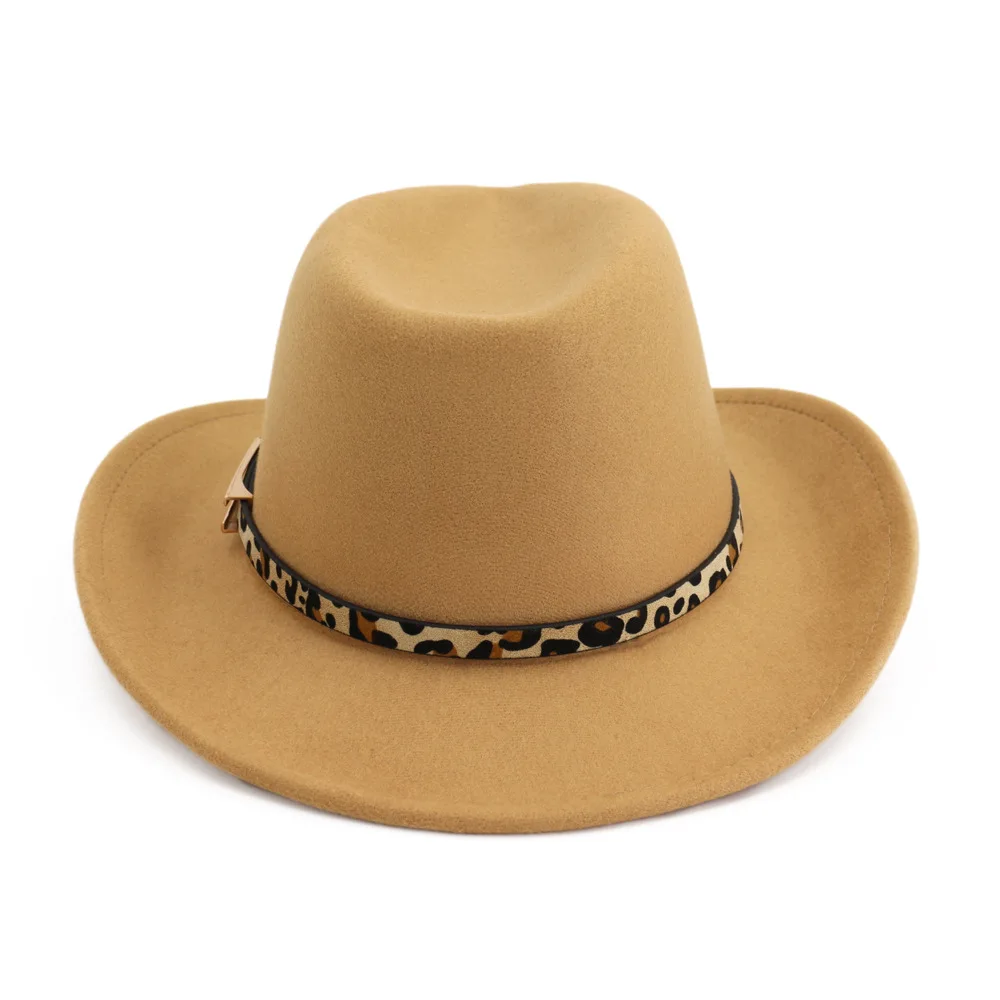 Модная леопардовая Пряжка, украшенная пряжкой, западная ковбойская шляпа для мужчин и женщин, рулон, шерсть, войлок, джаз, Fedora шляпы Панамы Sombrero