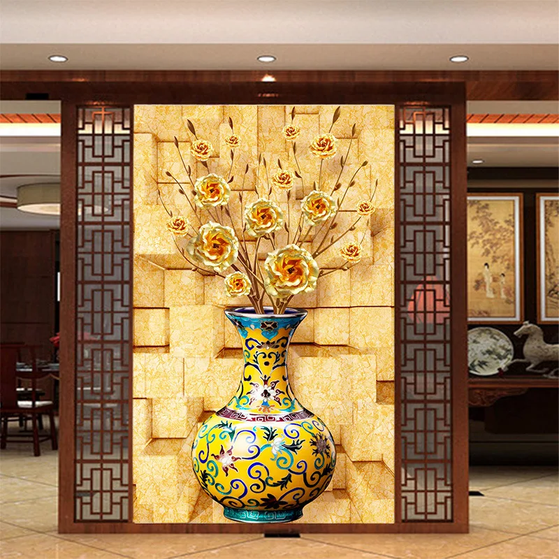 

3D mural wallpaper Customized medium-size Chinese pattern with Embossed vase as vertical background the corridor screen