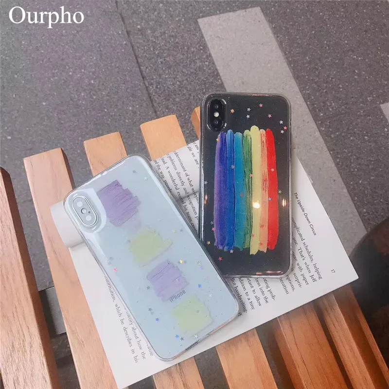 

Ourpho Hand painted rainbow color blocks Phone Case For iphone XS MAX XR X 7 8 6 6s plus Transparent Epoxy Powder Back Cover Bag