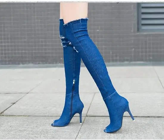 

2018 Hot Women Boots high heels summer autumn peep toe Over The Knee Boots quality tight High jeans boots fashion plus size