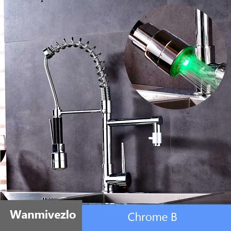 Черный бронзовый светодиодный смеситель для кухни пружинный Выдвижной двойной распыляющий носик кухонный смеситель кран на бортике кухонный смеситель с одной ручкой - Цвет: LED Chrome  B