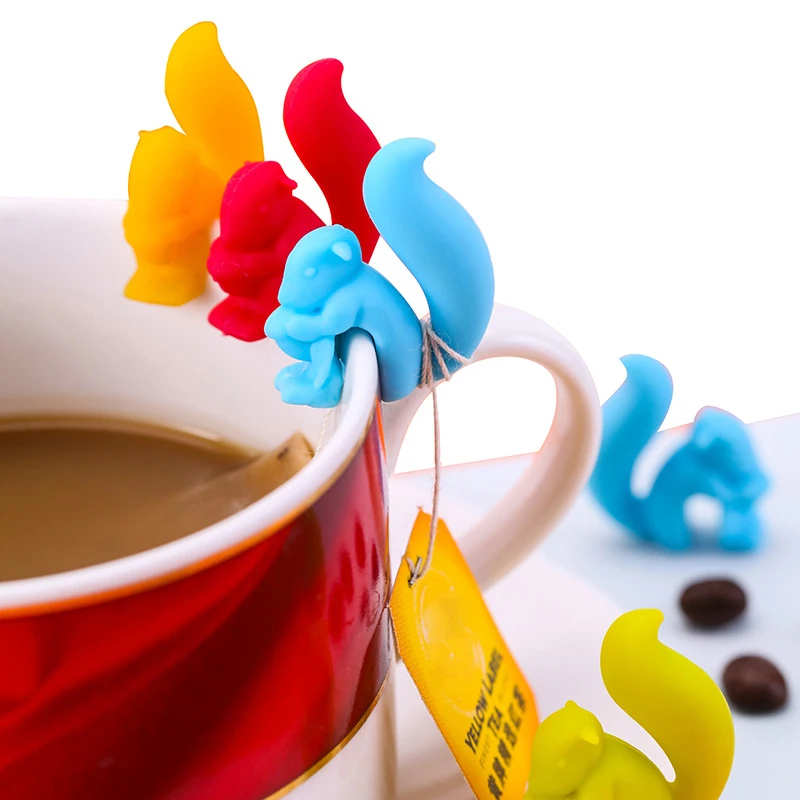 

Junejour 5Pcs Cute Squirrel Shape Silicone Tea Bag Holder Rack Tea Infusers Strainer Clips Cup Mug Hanging Tool Party Decoration