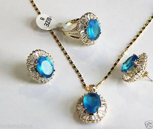 

Miss charm Jew.341 Fine 10-14mm blue zircon beads 18KGP earring ring pendant set