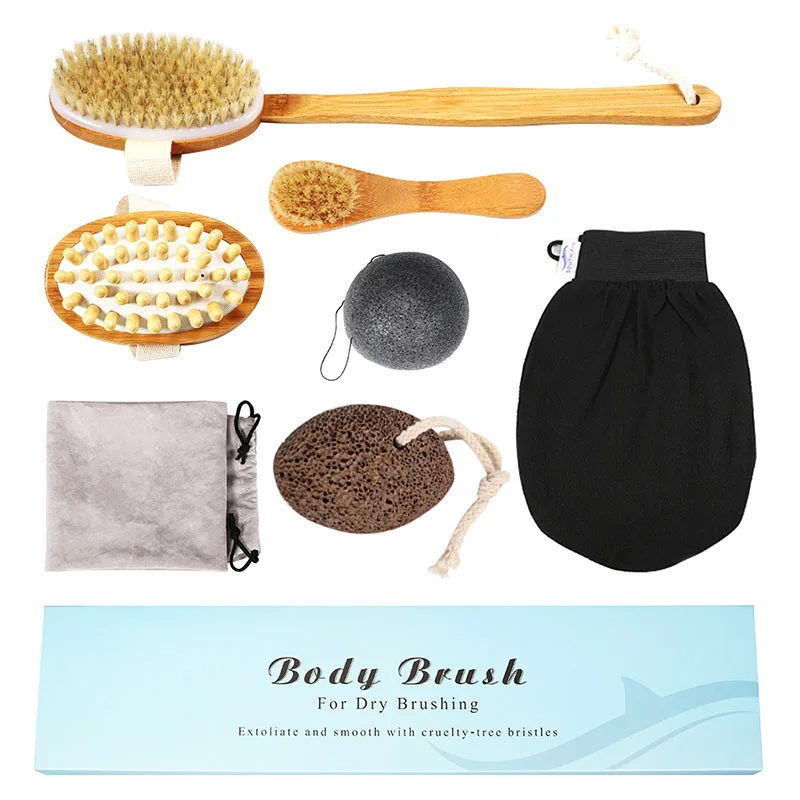 

7pcs/lot New Bamboo Body Massage Brush Rubber Massage Head Health Brush Tools for Skin Exfoliating Bath Brush With Bag