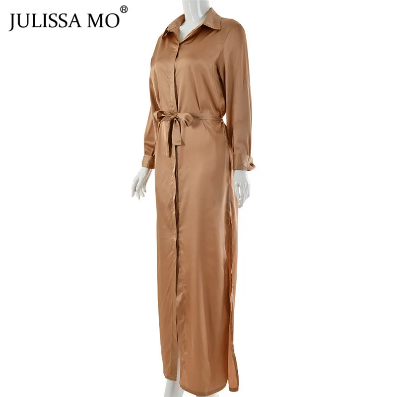 Julissa mo Золотое атласное сексуальное длинное платье с высоким разрезом для женщин с v-образным вырезом Бандажное летнее платье Модные Повседневные Вечерние платья на пуговицах Vestidos