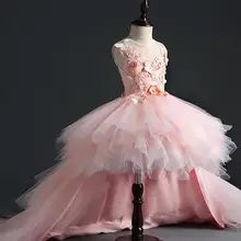 Glizt/платья для девочек с цветочным узором для свадебной вечеринки; розовое платье принцессы из тюля со шлейфом; Пышное Платье для первого причастия для девочек с цветочным узором и бусинами