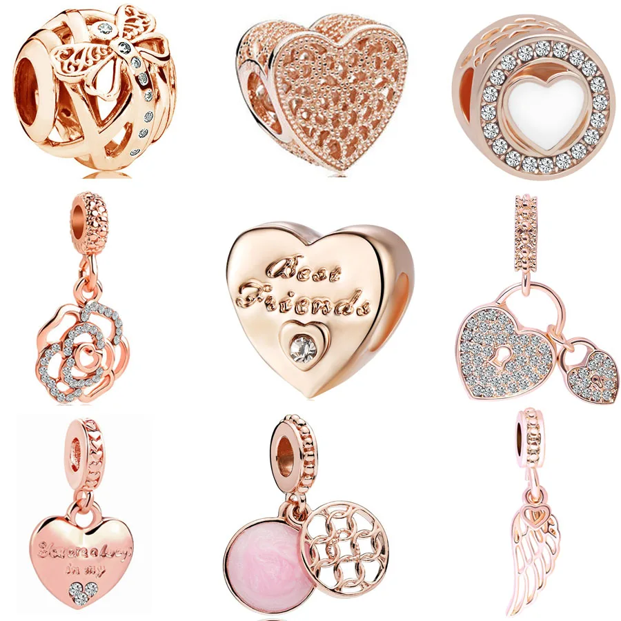 

2018 new free shipping european 1pc rose gold dragonfly heart flower lock wing friends diy bead fit pandora charm bracelet F032