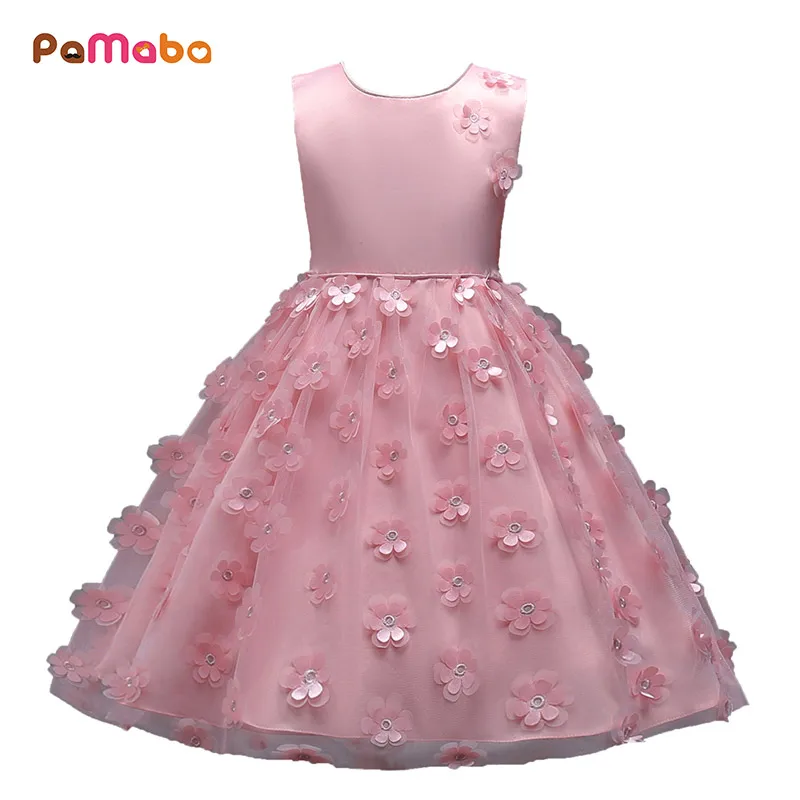 

PaMaBa Delicate Summer Little Girls Party Dress Embellished with Flower 5 Color 3-8 Years Old Children's Princess Dress Vestidos