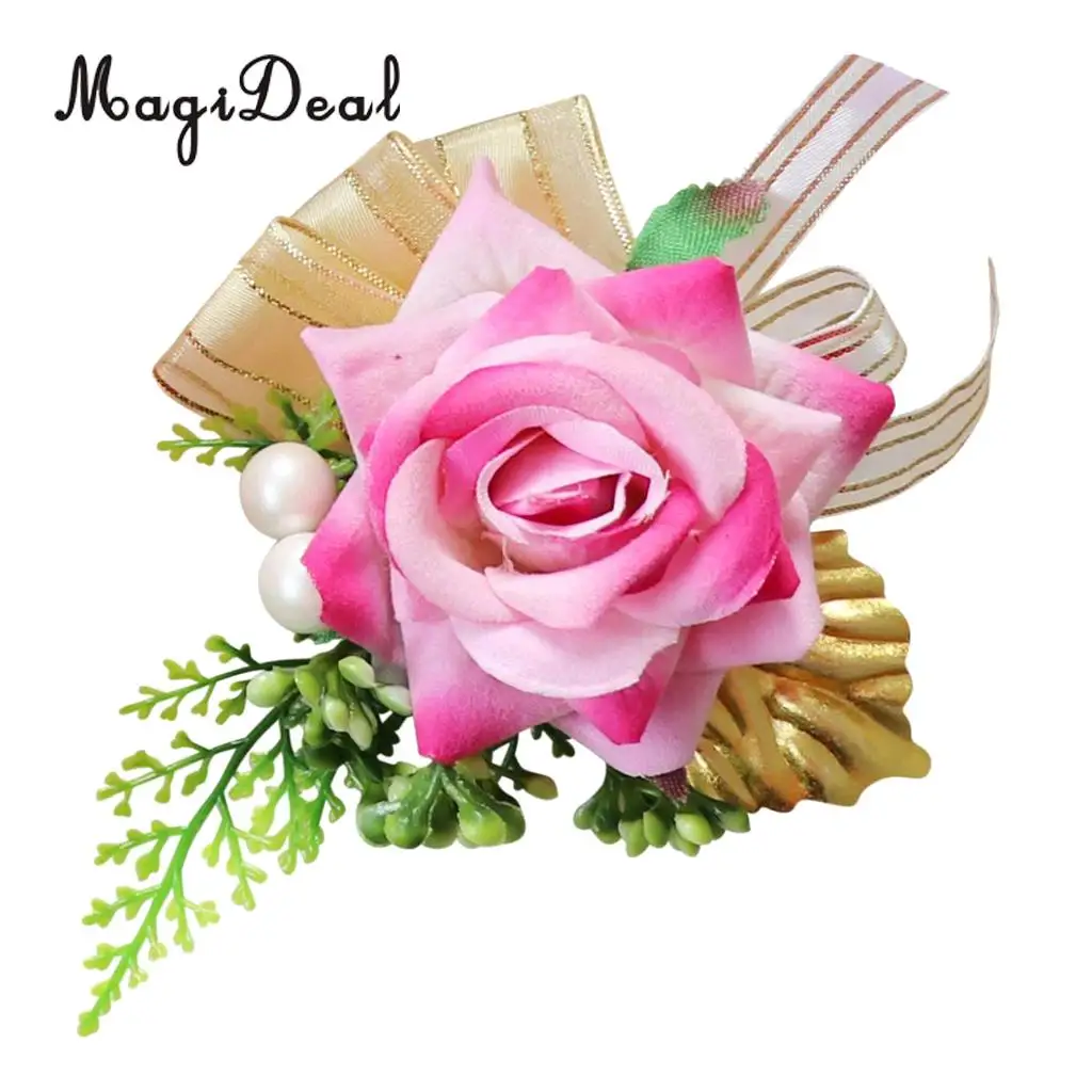 Romantic Artificial Rose Flower Pearls Wedding Corsage Boutonniere for Bridal Groom Fancy Dress