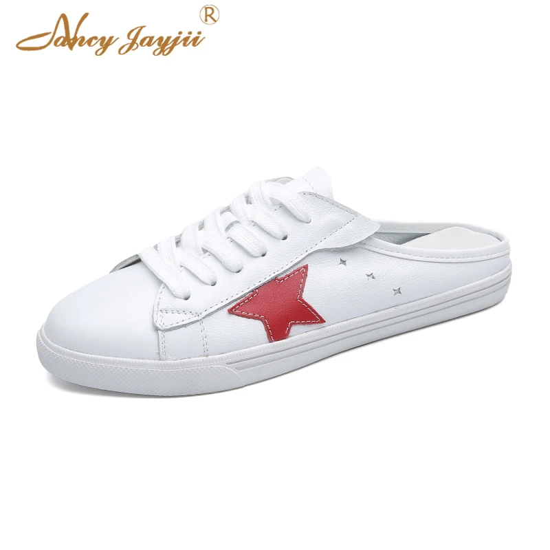 

Genuine Leather Flat With White Women Slippers Shoes Outside Mules Lace-up Spring Casual Fashion vulcanization Female Star