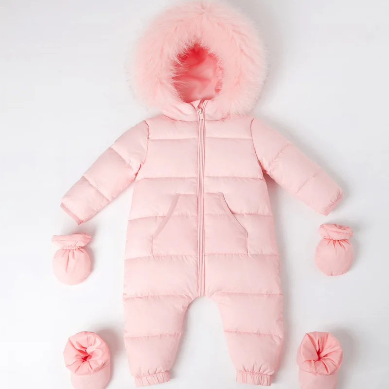 NewBorn Baby Winter Rompers Overalls 90% White Duck Down Natural Fur Collar Soft Kids Outwear Coat For Boys Girls 0-4 Y Snowsuit - Color: pink