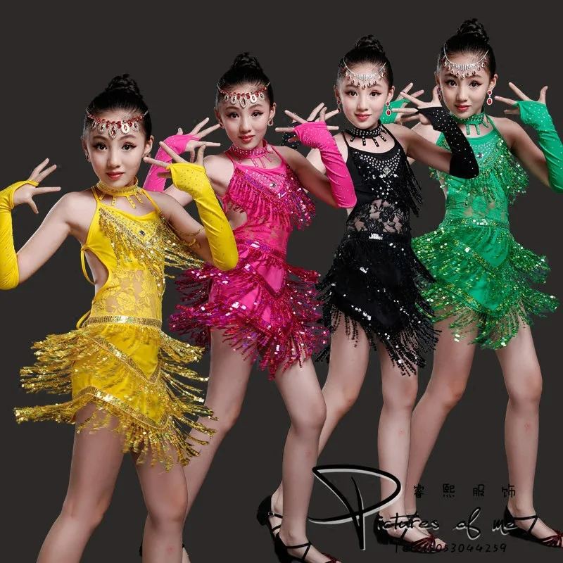 

Children Latin Dancer Girls Dress Latin Dance Performance Competition Costumes Sequins Tassel Skirts Salsa/Ballroom/Tango/ChaCha