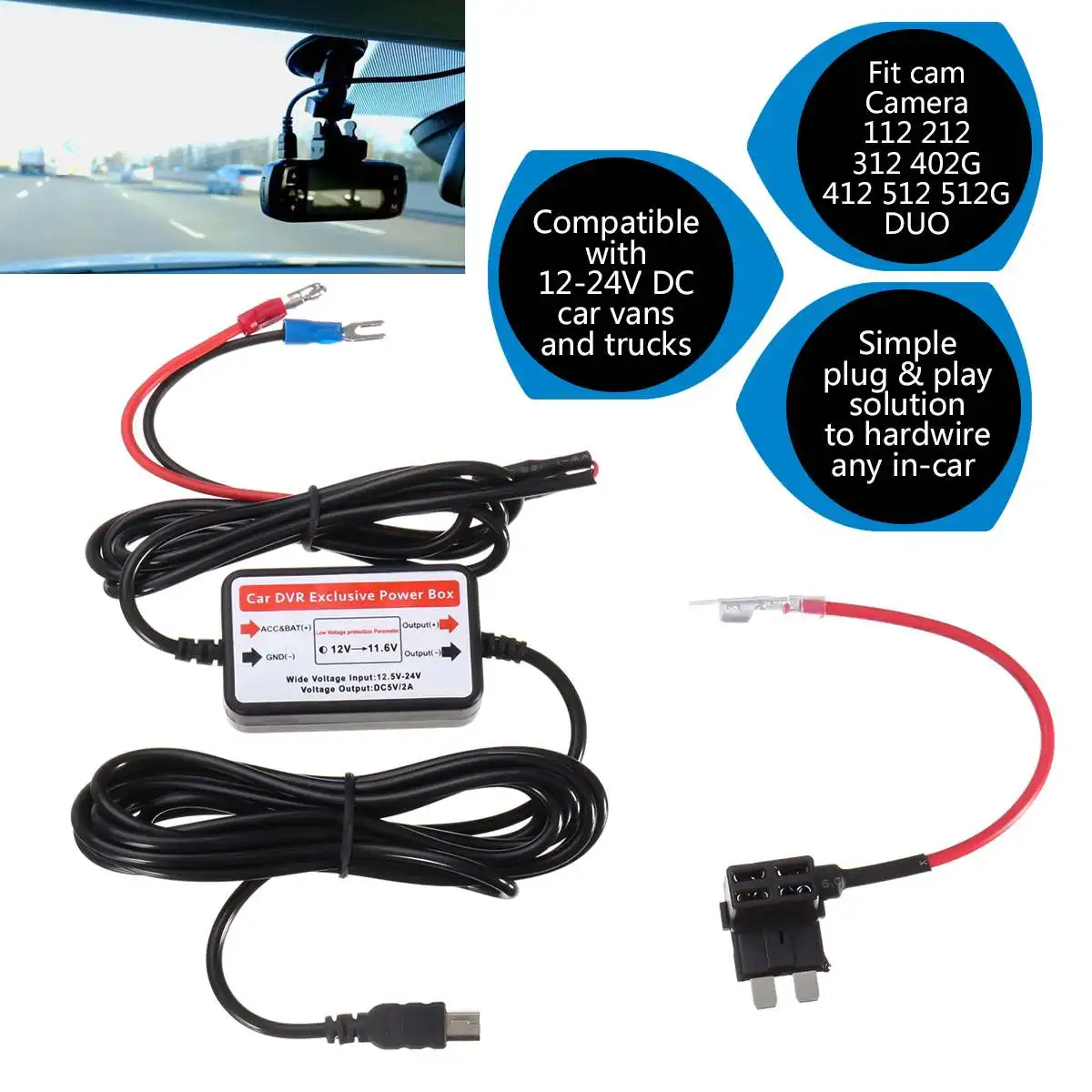 12,5 V-24 V Автомобильный видеорегистратор Камера мини проводной+ предохранитель комплект проводной мини USB для VIOFO A119 A119S