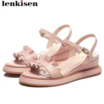 

Lenkisen real cow leather pleated design buckle strap med heels peep round toe women sandals fairy girls dating summer shoes L93